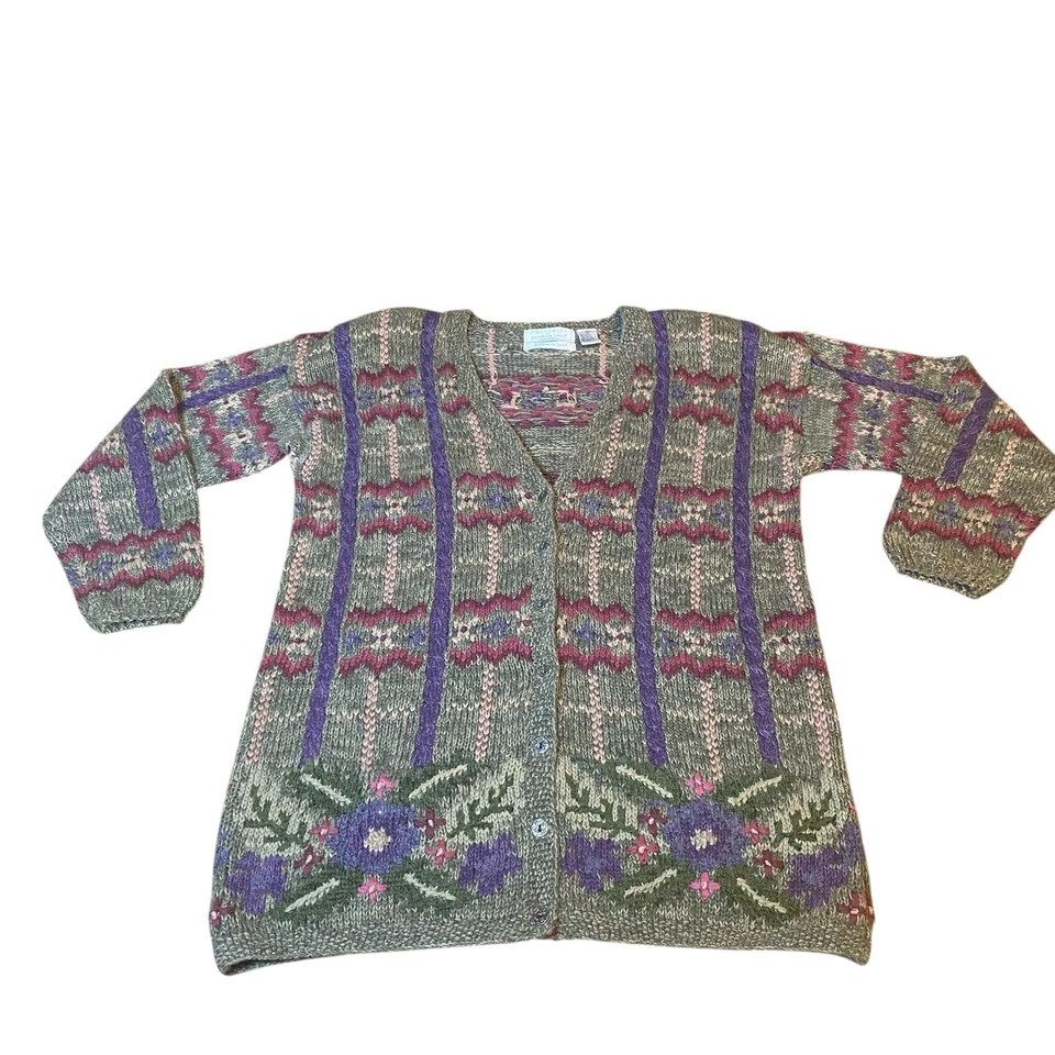 北岛肖像毛衣女式 XL 手工针织开衫花卉条纹 — 第 3/4 张图片