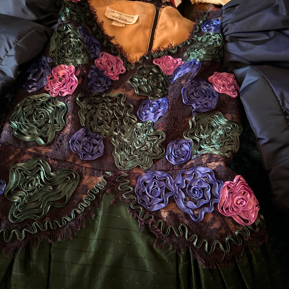 Винтажный 80-х VICTOR COSTA переливающийся июнь жук зеленый тафта кружева вечернее платье 10 - Изображение 4 из 4