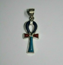 EGYPTIAN KEY LIFE PROTECTOR RED CORAL-Lapis Turquoise Agate Silver Enamel Amulet