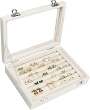7 Slots Velvet Glass Ring Jewellery Display Storage Box Tray Case Holder Earr