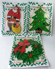 Vtg 3 Stained Glass SANTA WREATH TREE Christmas Ornament Sun Catcher In Package