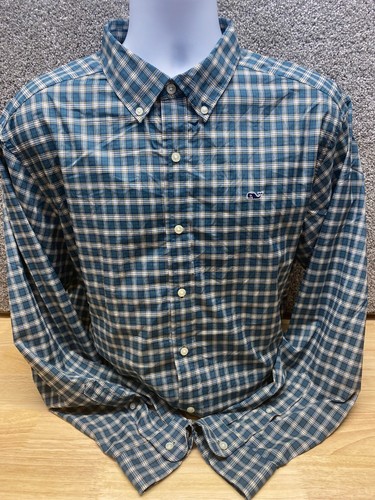Camicia Uomo VINEYARD VINES Calabash Check Performance - Blu Taglia L - Nuova Con Etichette