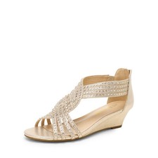 Women Summer Low Wedge Sandals Open Toe Rhinestone Elegant Dress Shoes