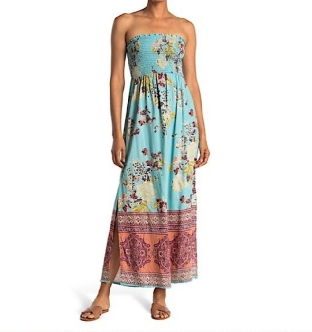 junior bohemian dresses Angie Boho Maxi Dress Small Smocked Strapless Bodice Blue Print NWT size:6 UK She features flutter sleeves _label_Long Sleeves Women's Beaded V-Neck Two-Piece