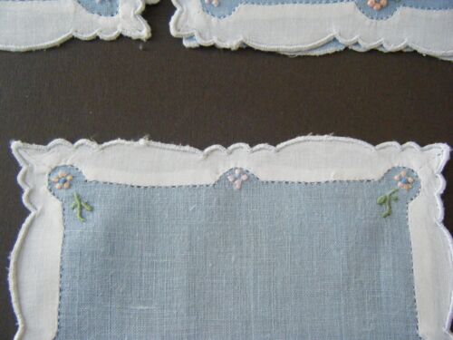 Antique set 6 Madeira Cocktail Napkins, blue linen voile decor color h embroi/ry - Picture 3 of 11
