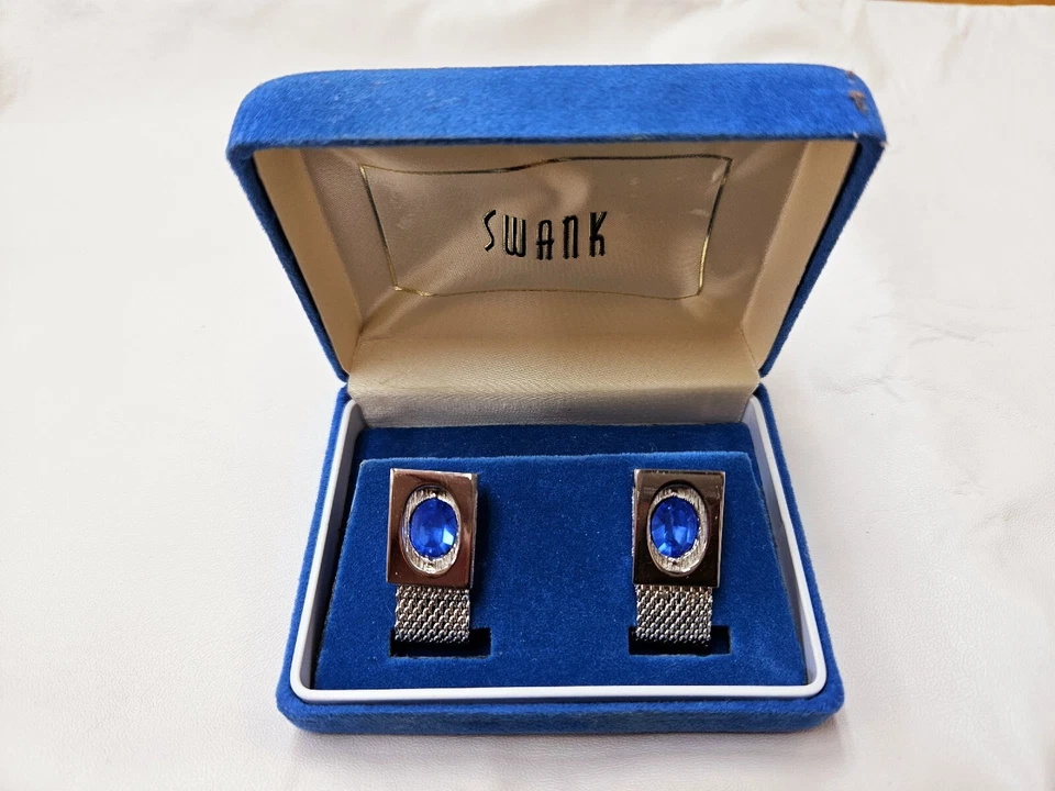 Gemelos Swank y corbata raros de colección nuevos en caja con hermosas piedras azules Foto 2 de 3