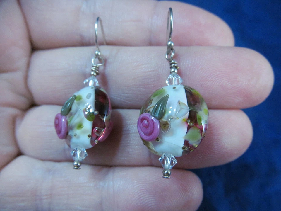 Boho Art Glass Large Pink Rose Flower Floral Bead Drop Sterling Earrings  - Изображение 3 из 4