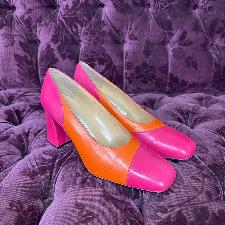 Valerie Stevens Tacones Mujer 8 De Colección Años 80 Bloque de Color Rosa Naranja Cuadrado Castilla Foto 3 de 4