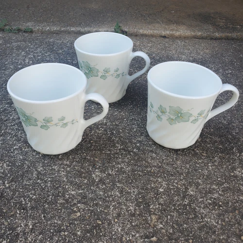 Vtg Corning Corelle Callaway Ivy Swirl Coffee Tea Mugs Cups, Green Ivy Set of 3