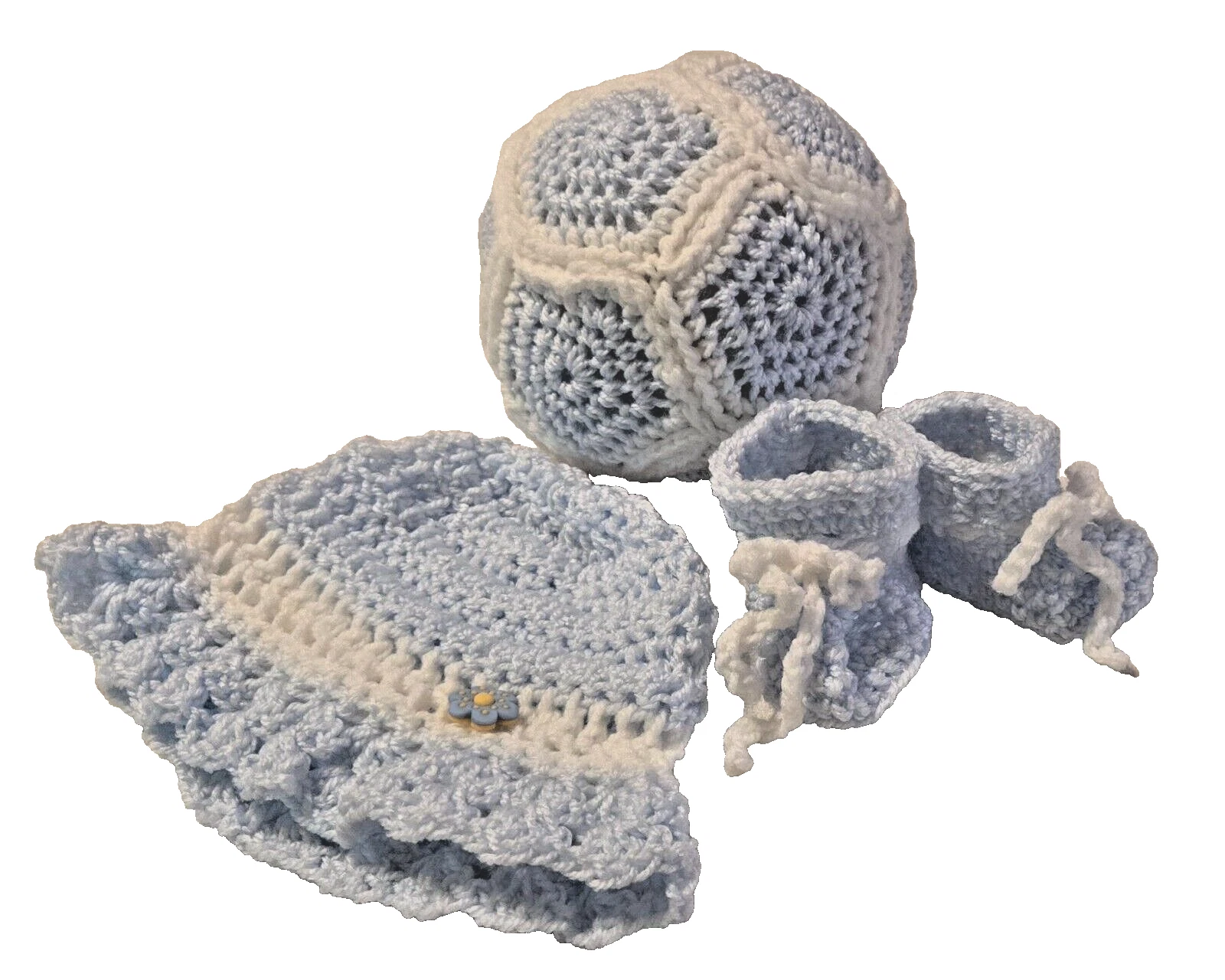 Handmade Crochet Baby Hat Booties Baby Hat Soft Toy Ball Blue/White *Soft* Cute!