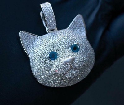 Lab Created Diamond 2'' Long 1.5'' Wide Wild Cat Face Pendant 925 Sterling Silver