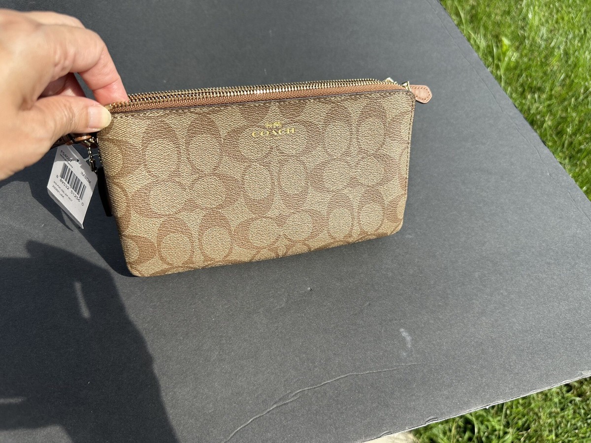 NWT Authentic Coach Signature Canvas Double Zip Wristlet Clutch