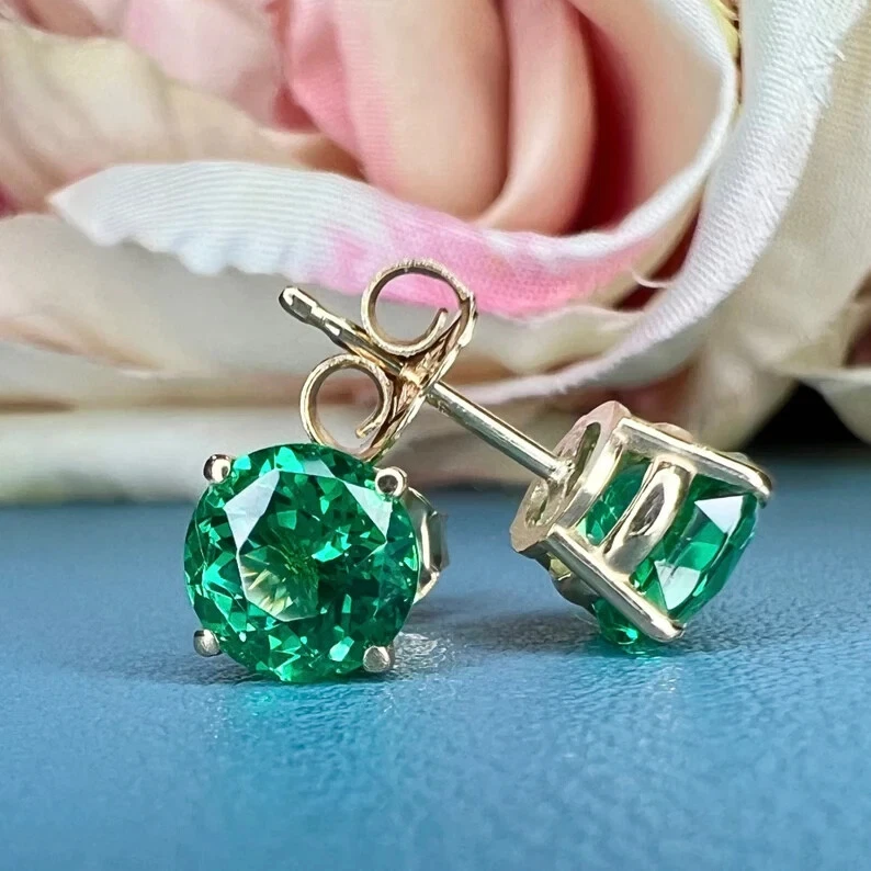 5ct Lab-created Emerald 925 Silver Stud Earrings 14K Yellow Gold Plated Silver - Image 2 of 4