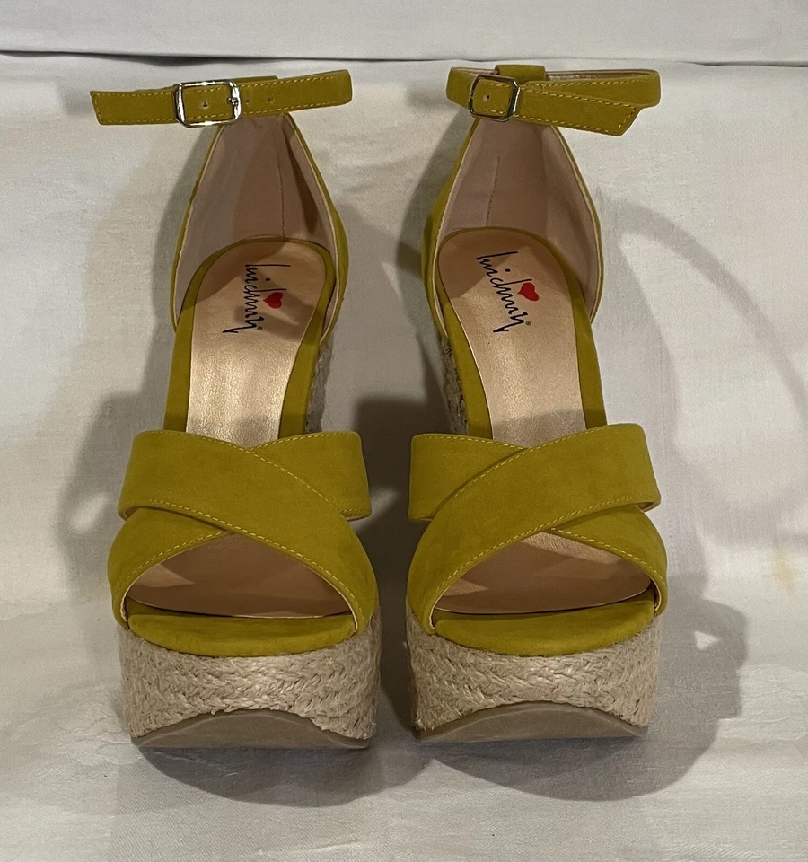 Luichiny Yellow "Suede" Raffia Anklestrap D'Orsay Platform Wedge New w/box Sz 7 - Image 3 of 4