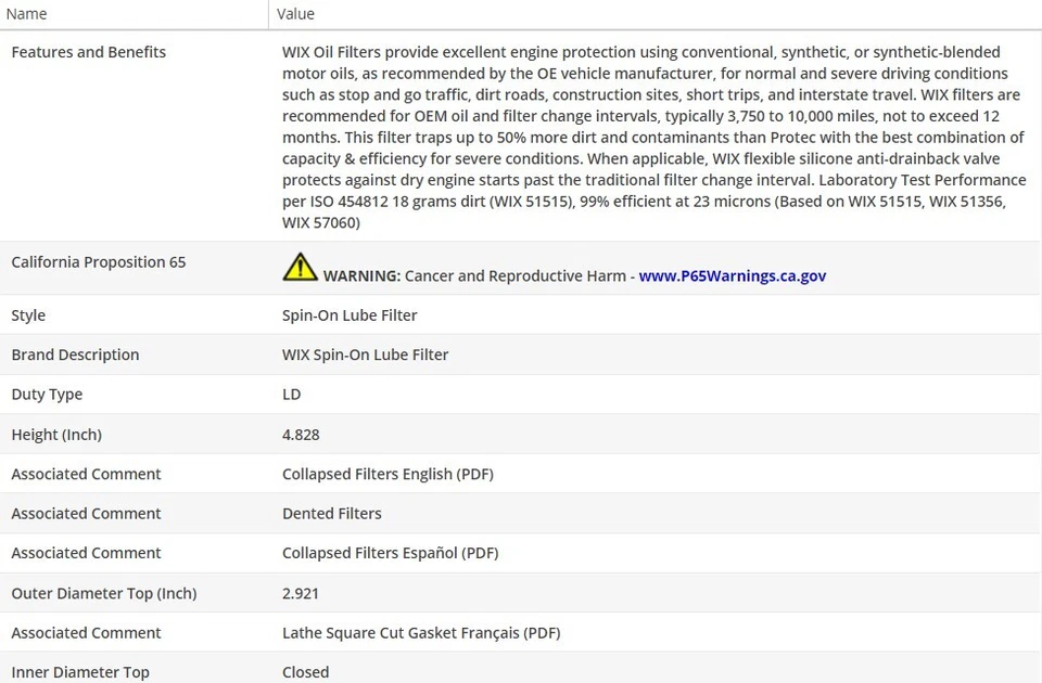 Filtro de aceite de motor OEM WIX para MAZDA CX-9 2007 V6-3,5 L Foto 3 de 4