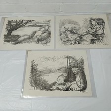 3 'Ann Thomas' Pen & Ink Prints Of Scottish Wildlife - In Sealed Plastic Pockets