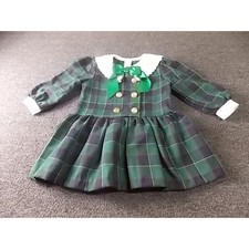 Vintage Girls Green Plaid Dress Lace Collar Bow Tartan Holiday Party Size 3T