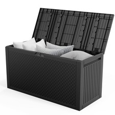 90gal Outdoor Plastic Storage Deck Box Chest Tools Cushions Toys Lockable Seat