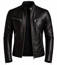 Men's Genuine Leather Biker Jacket Black Motorcycle Slim Fit Zip-Up Casual Coa