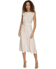NWT Calvin Klein 14 Belted A-Line Midi Dress Stony beige Cream 135890
