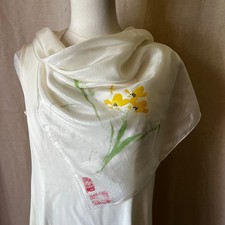 Vintage Hand Painted Silk Scarf White Floral Asian Art Signed 29x29