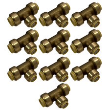 10 Pack XFITTING 1/2" x 1/2" x 3/8" Push Fit Tee, Push to Connect Tee, Brass