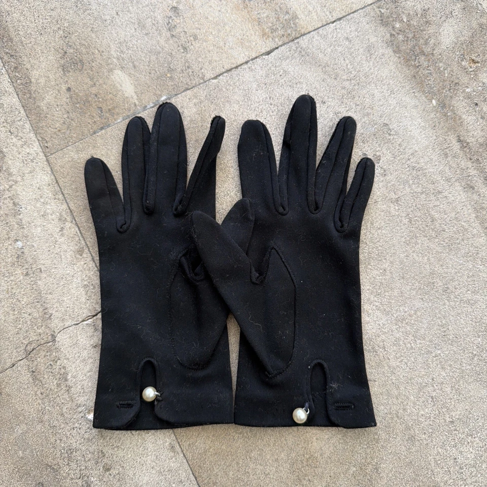 Guantes de mujer vintage negros hasta la muñeca cierre de perlas talla 6 Foto 4 de 4