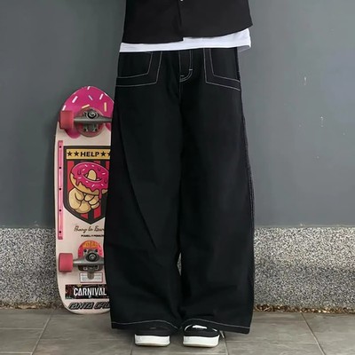 Mens Baggy Jeans S-XXL Black Y2K Wide Leg Skater Streetwear Denim