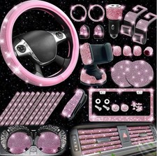 27 Pack Pink Bling Car Accessories Set Bling Steering Wheel Cover License Plat