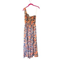 Nine West One-Shoulder Multi Orange Blue Maxi Dress women’s Sm Pockets Tropical