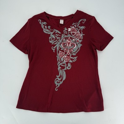 Romwe Women s Large Top Floral Red Y2K Short Sleeve