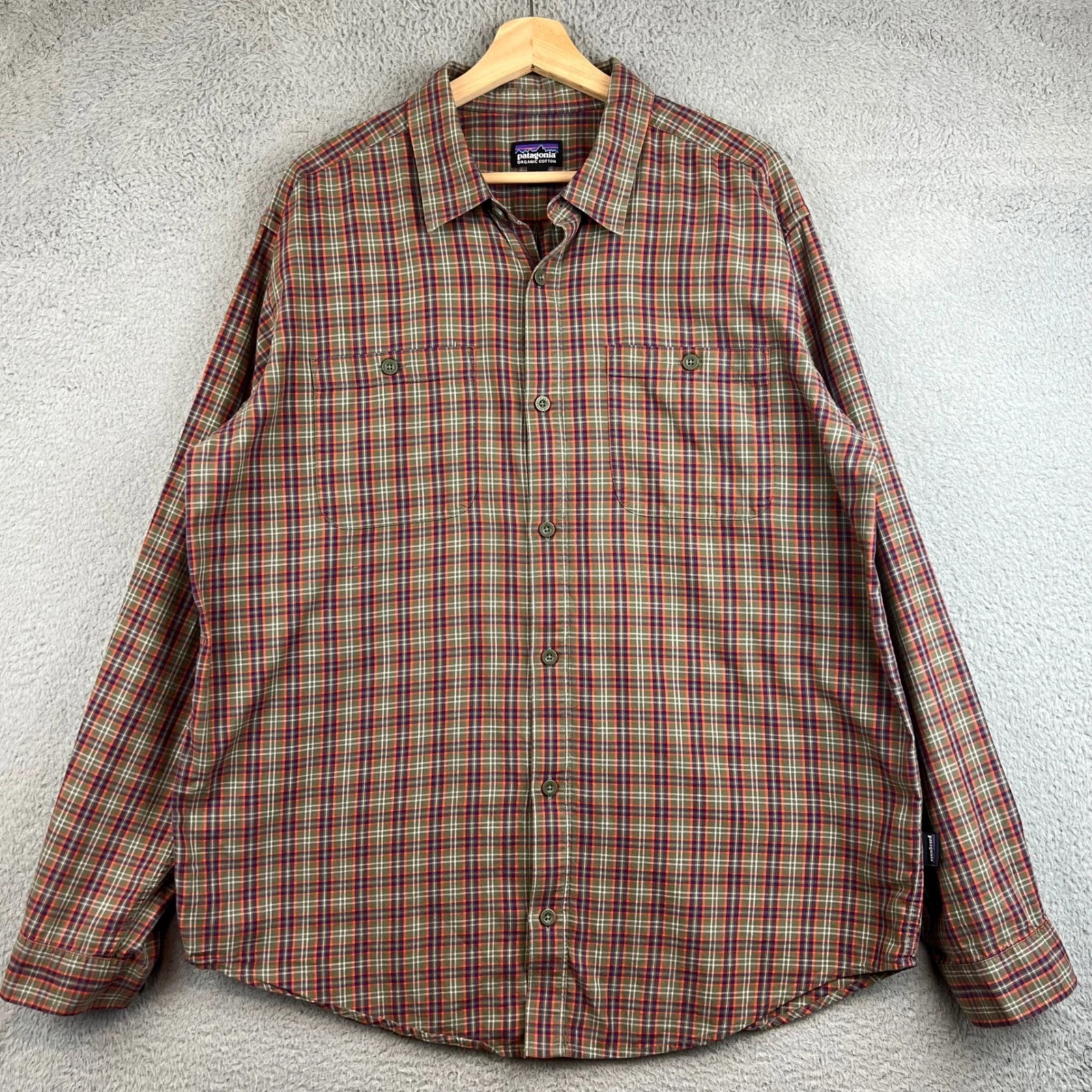 Patagonia Organic Cotton Plaid Button Down Shirt Mens Large Olive Orange Purple