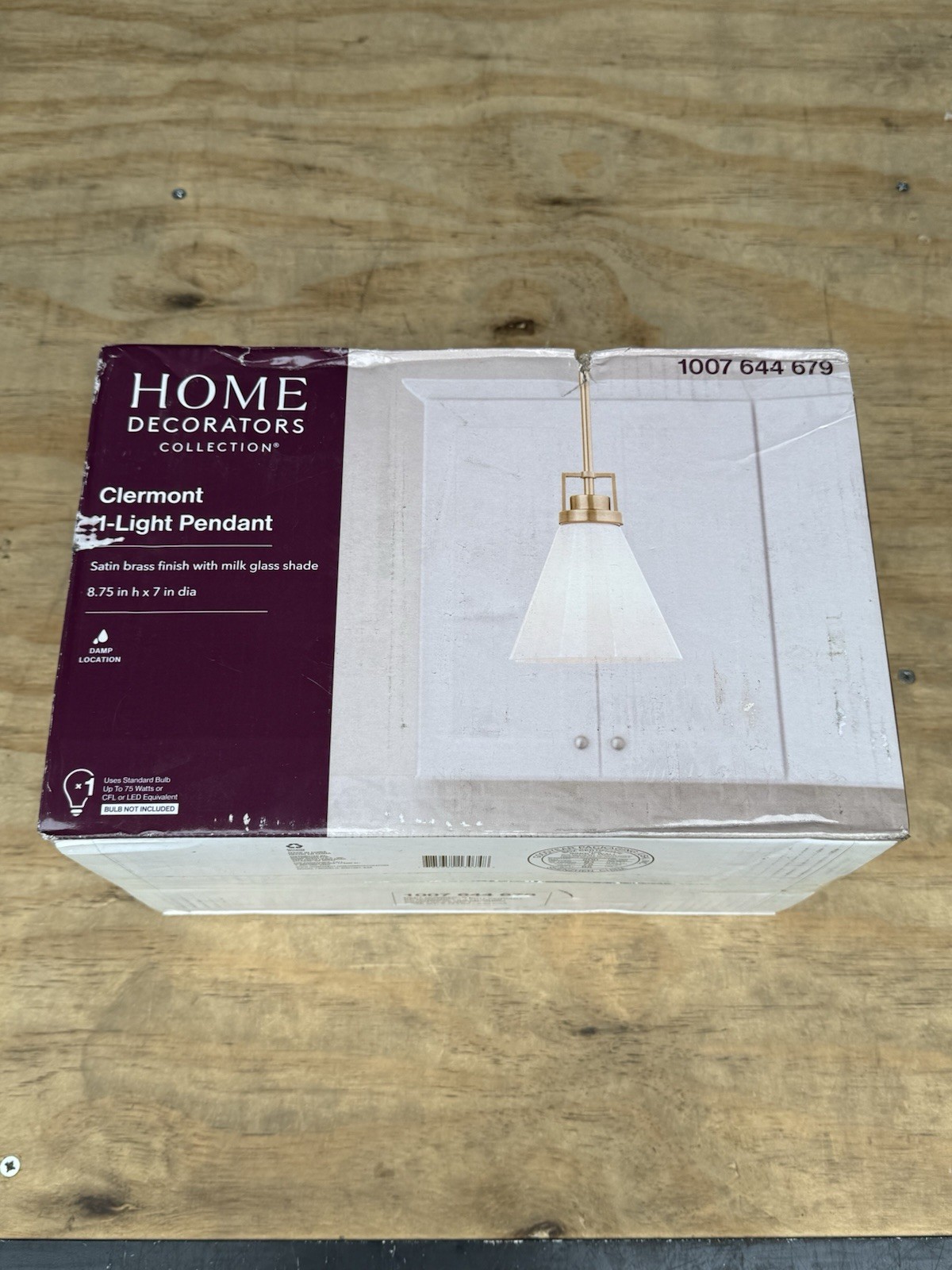 Home Decorators Clermont 1-Light Satin Brass Shaded Pendant Light w/ Glass Shade