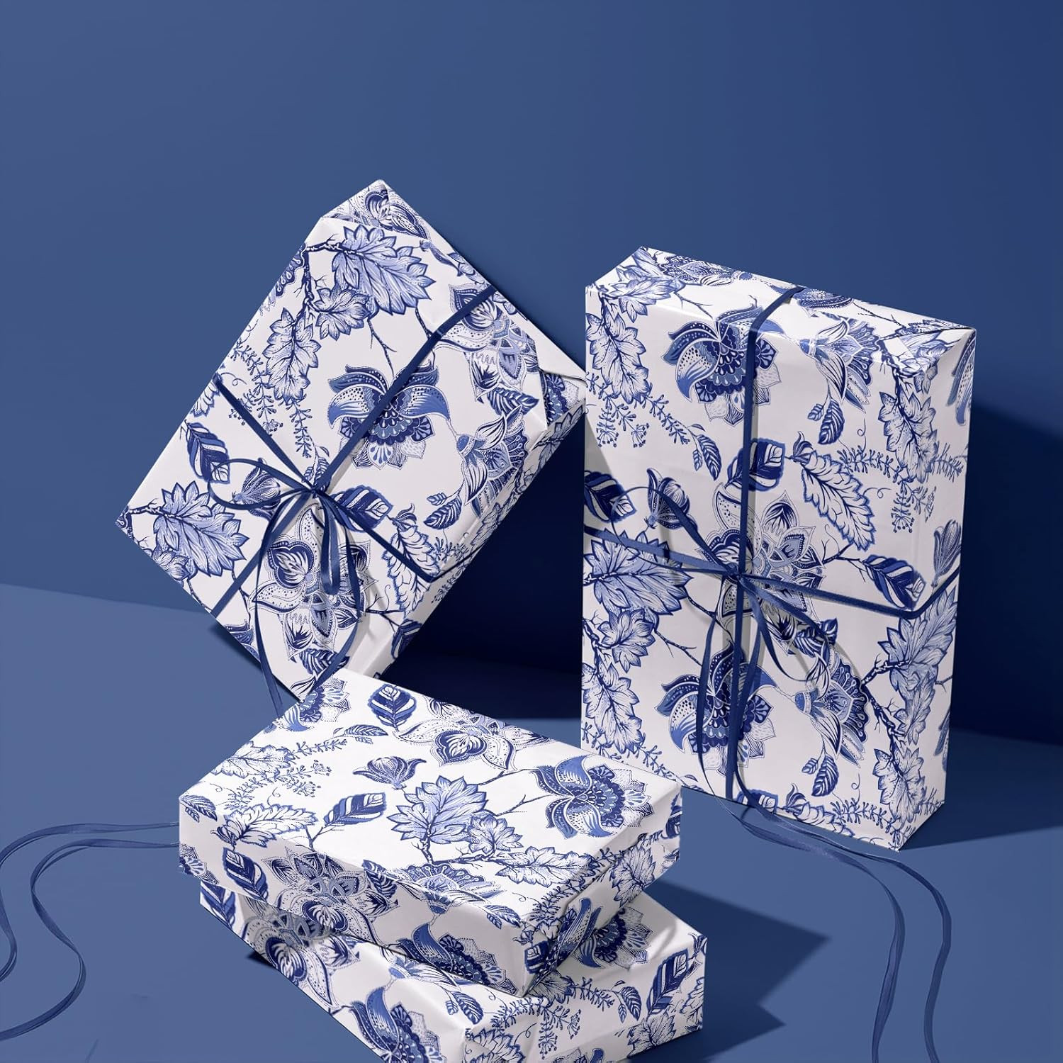 Kraft Blue White Floral Wrapping Paper Roll - Mini Roll - 17 Inch x 33 Feet - Vi