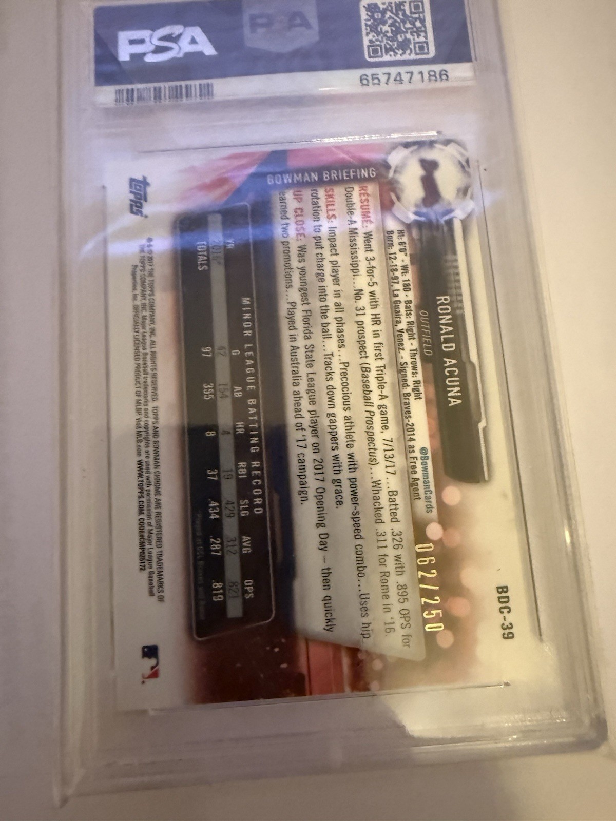 2017 BOWMAN CHROME DRAFT RONALD ACUNA JR PURPLE REFRACTOR PSA 9 #/250 BRAVES RC view 2
