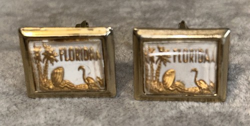 Vintage Florida Cufflinks Tree & Flamingo Gold Tone - Picture 3 of 7