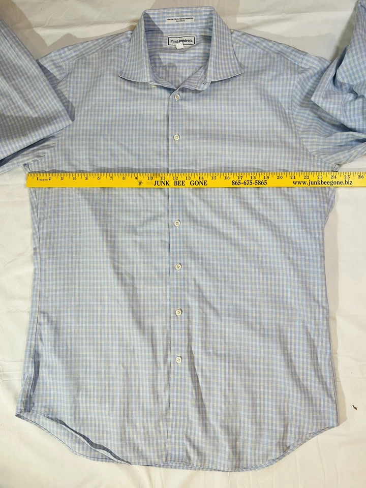 Paul Fredrick Shirt Mens 17.5 36 Blue Plaid Trim Fit Button Down 100% Cotton - Image 4 of 4