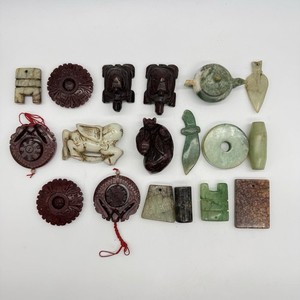Antique Chinese Carved Jade & Hardstone Pendants Lot: Bi Disc, Figural, Quartz