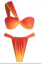 Women's One Shoulder Twisted Ruched High Cut Bandeau Bikini Set ,Small, Orange