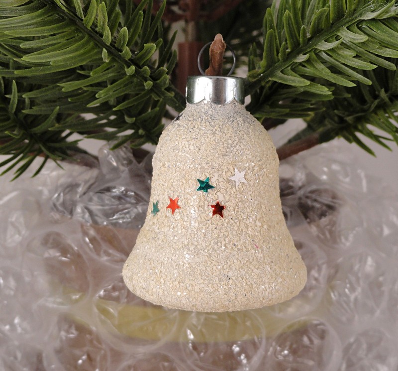 Vintage Franke Corning Confetti Stars Mica Glass Bell Shape Christmas Ornament