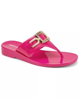 KARL LAGERFELD  Hot Pink Jelly Slip-On Flat Thong with Gold Buckle Sandals  Sz 9