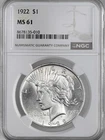 1922-P  $1 PEACE SILVER DOLLAR  "PHILADELPHIA MINT"  NGC MS61 #8678135-010
