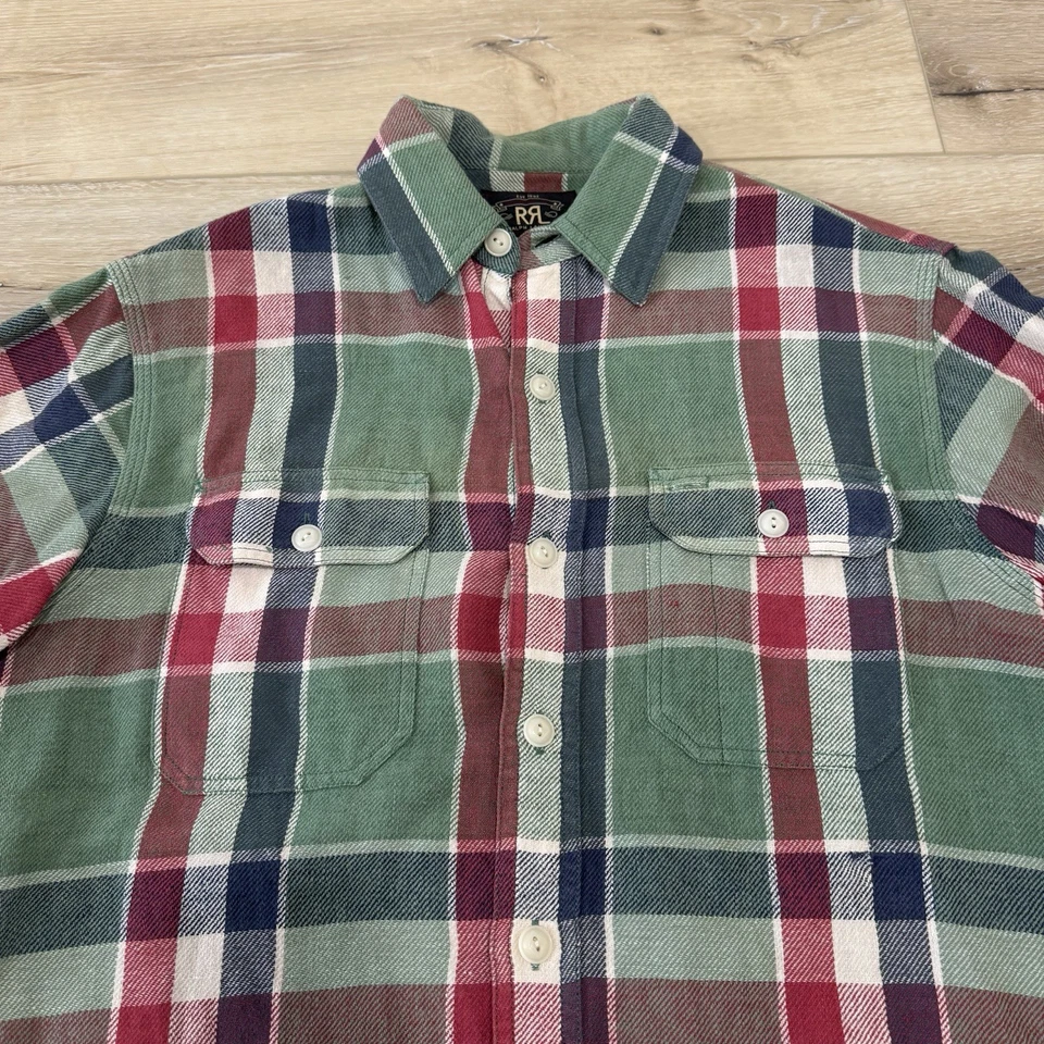 RRL Double RL Shirt Men's Medium Green Button Down Plaid Work Linen Flannel - Image 3 of 4