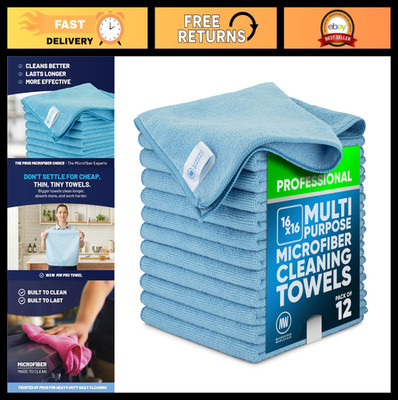 12 Pack Multi-Surface Microfiber Cleaning Towels - Large 16''x16'' | Buff, Dust, P