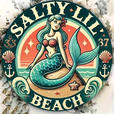 Vintage Coastal Mermaid SALTY LL BEACH Tin Metal Signs Home Décor 8x8 