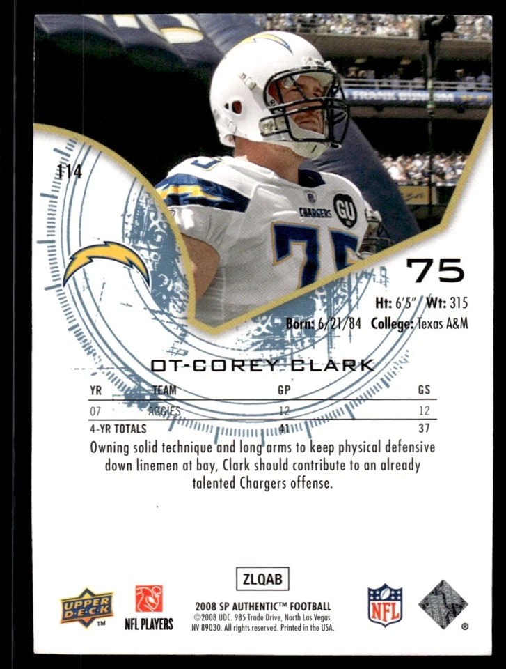 2008 SP Authentic Corey Clark Rookie 0537/1399 San Diego Chargers #114 R67 - Image 2 of 2