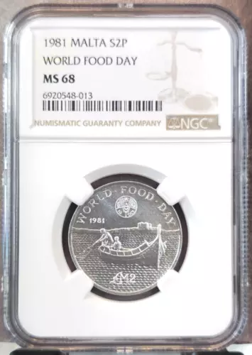 1981 MALTA SILVER 2 POUNDS WORLD FOOD DAY NGC MS 68 SCARCE HIGH GRADE