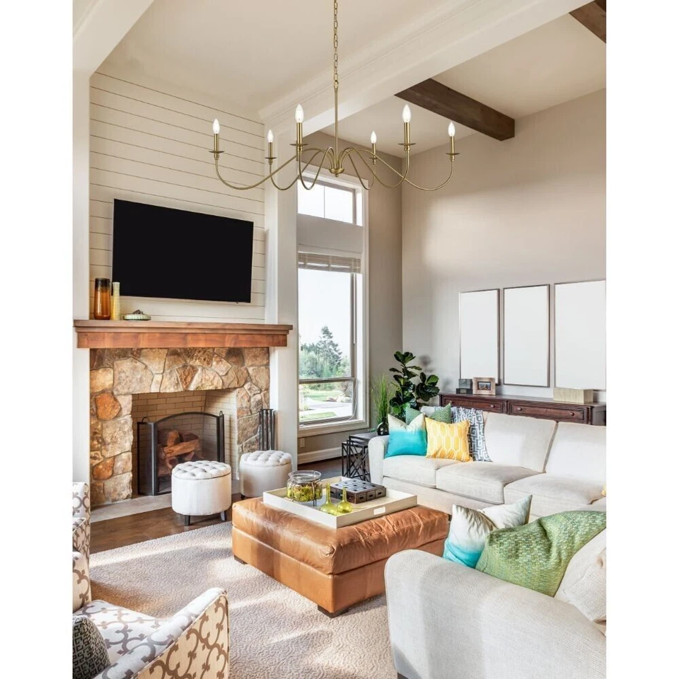 Lámpara de araña grande de oro satinado para granja vestíbulo comedor 6 lámparas 48" Foto 3 de 4