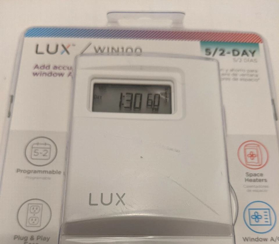Lux WIN100 Heating and Cooling Programmable Outlet Thermostat Control 120VAC New - Image 2 of 4