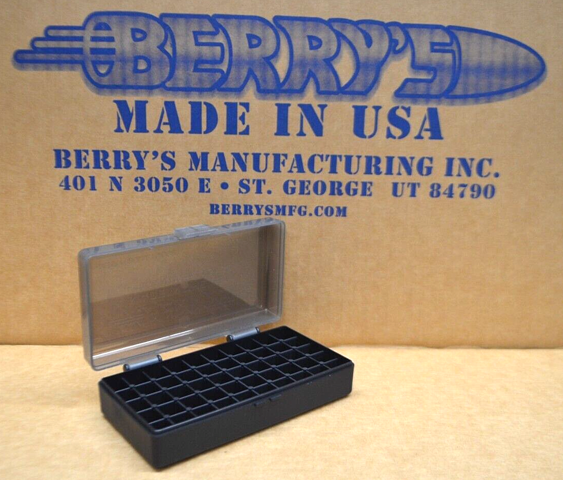 Berry's 50-Round Plastic Ammo Boxes – Smoked/Black, Fits .40 S&W, .45 ACP, 10mm Reloading & Storage